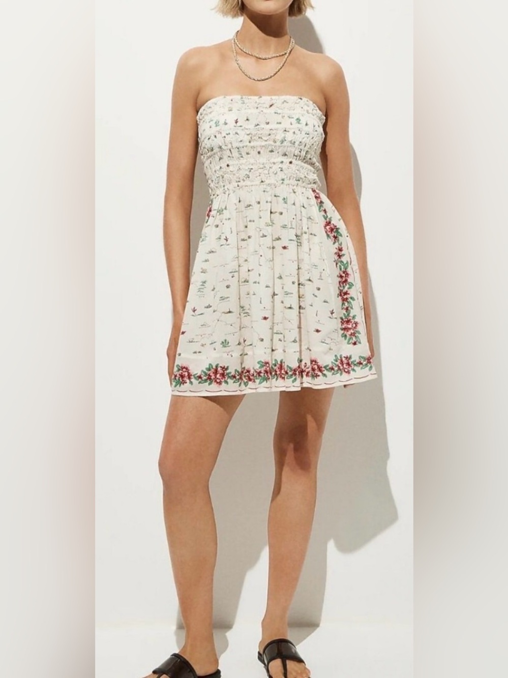 J. Crew Cream Strapless Smocked Mini Dress with maps Pink & Green Floral Border